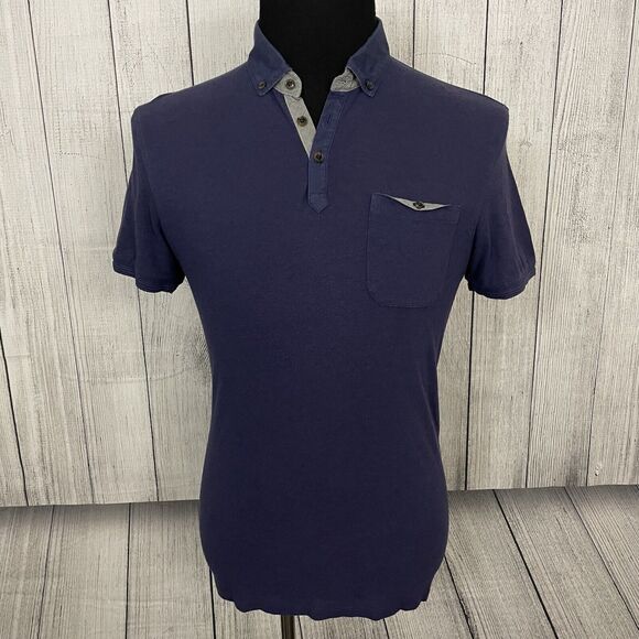 Ted Baker Men's Size 4 / Large Blue Cotton / Viscose Short Sleeve Polo Shirt - Picture 2 of 6